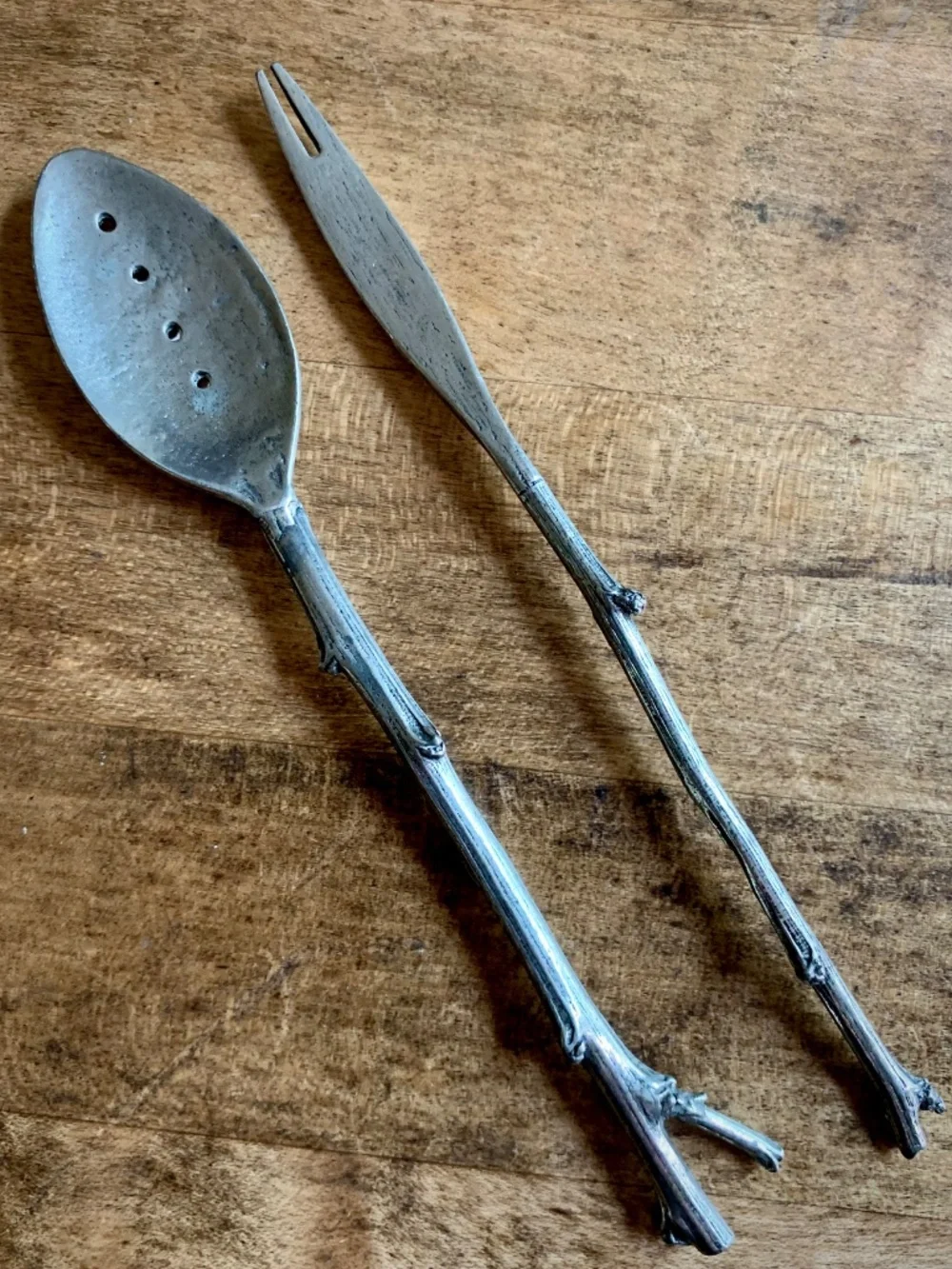 Modern Twig Metal Olive Spoon Fork Appetizer Serving Set Silver Tone